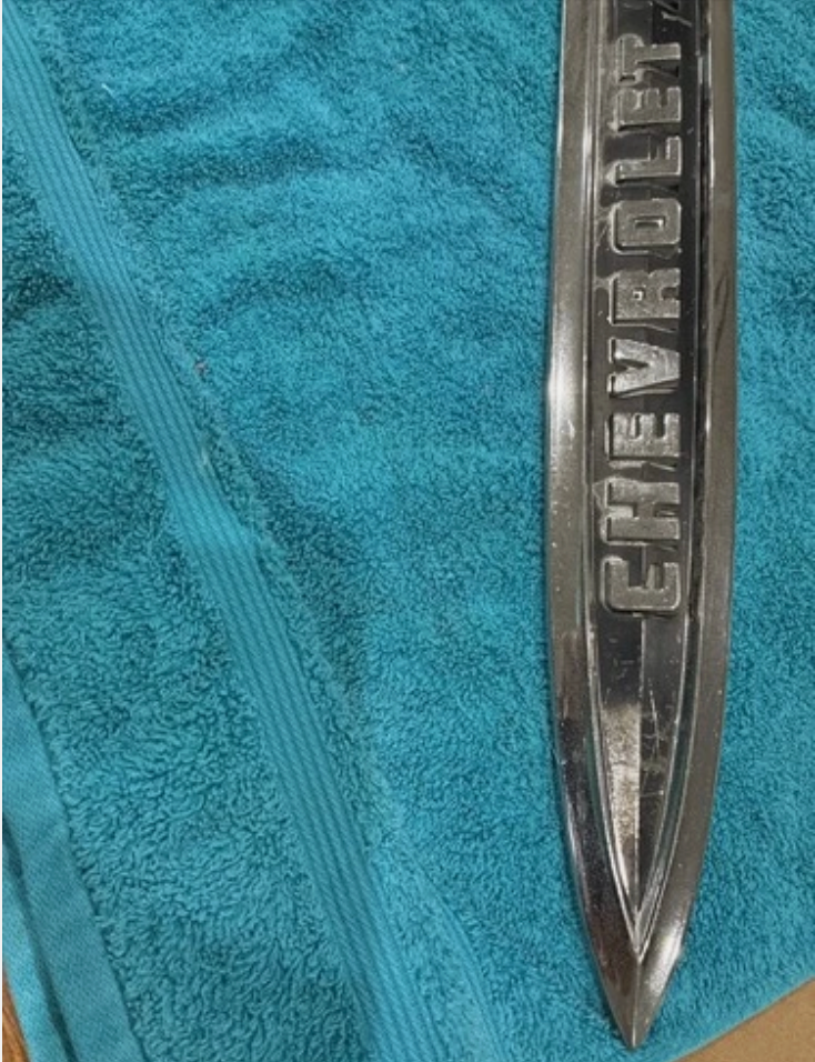 58-59 Chevrolet Truck Fender Emblem Apache 31 Left Side Good Cond. Needs Paint DAVES CLASSIC TRUCK PARTS