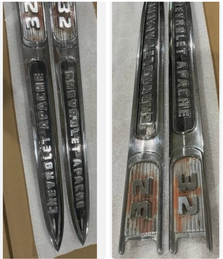 58-59 Fender Emblems Apache 32 - Spear Emblems In Excellent Shape DAVES CLASSIC TRUCK PARTS