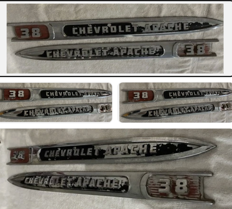 58-58 Chevy Truck Emblem Apache 38 Left And Right Fender DAVES CLASSIC TRUCK PARTS