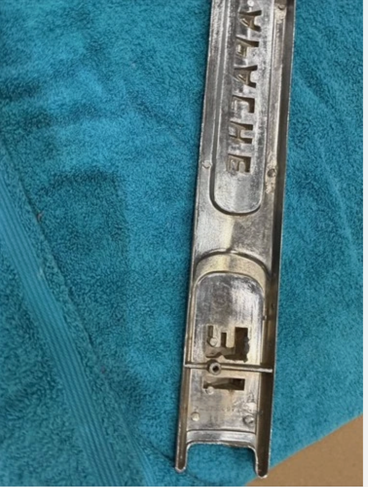 58-59 Chevrolet Truck Fender Emblem Apache 31 Left Side Good Cond. Needs Paint DAVES CLASSIC TRUCK PARTS